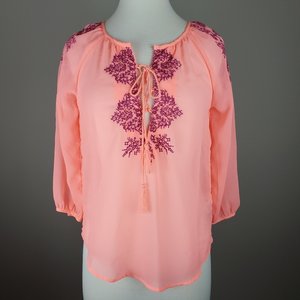 Pink Chiffon Embroidered Tie Front Top